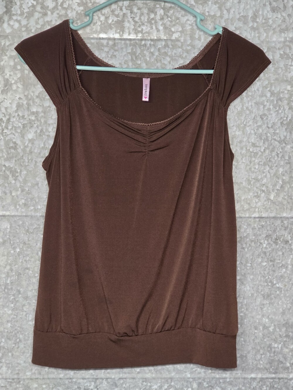 Vintage Y2KTempted Brown Ruched Scoop Neck Cap Sleeve Stretch Knit Top Womens LG
